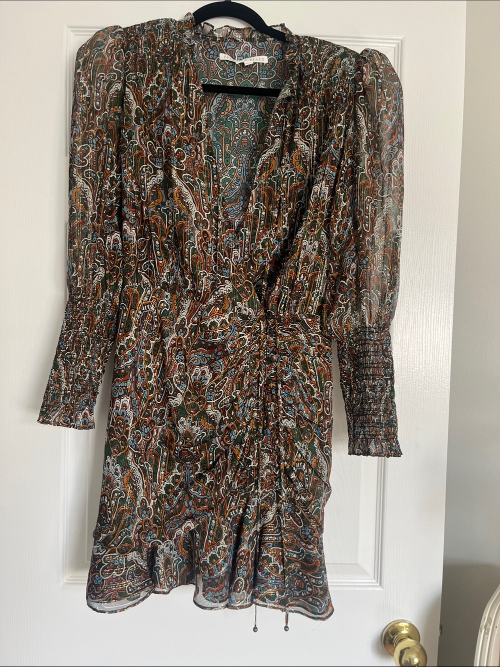 Veronica Beard silk brown  Paisley Wrap Long-Sleeve Dress in Green and Brown